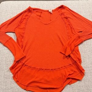 Free People  Orange Waffle-Knit Long Sleeve Top